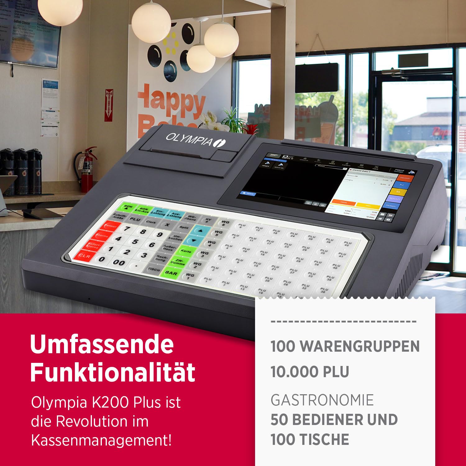 Olympia K200 Plus Registrierkasse 7-Zoll Touchdisplay LED Kundenanzeige 80mm Thermodrucker Flachtastatur 84 Tasten grafisches Bonlogo