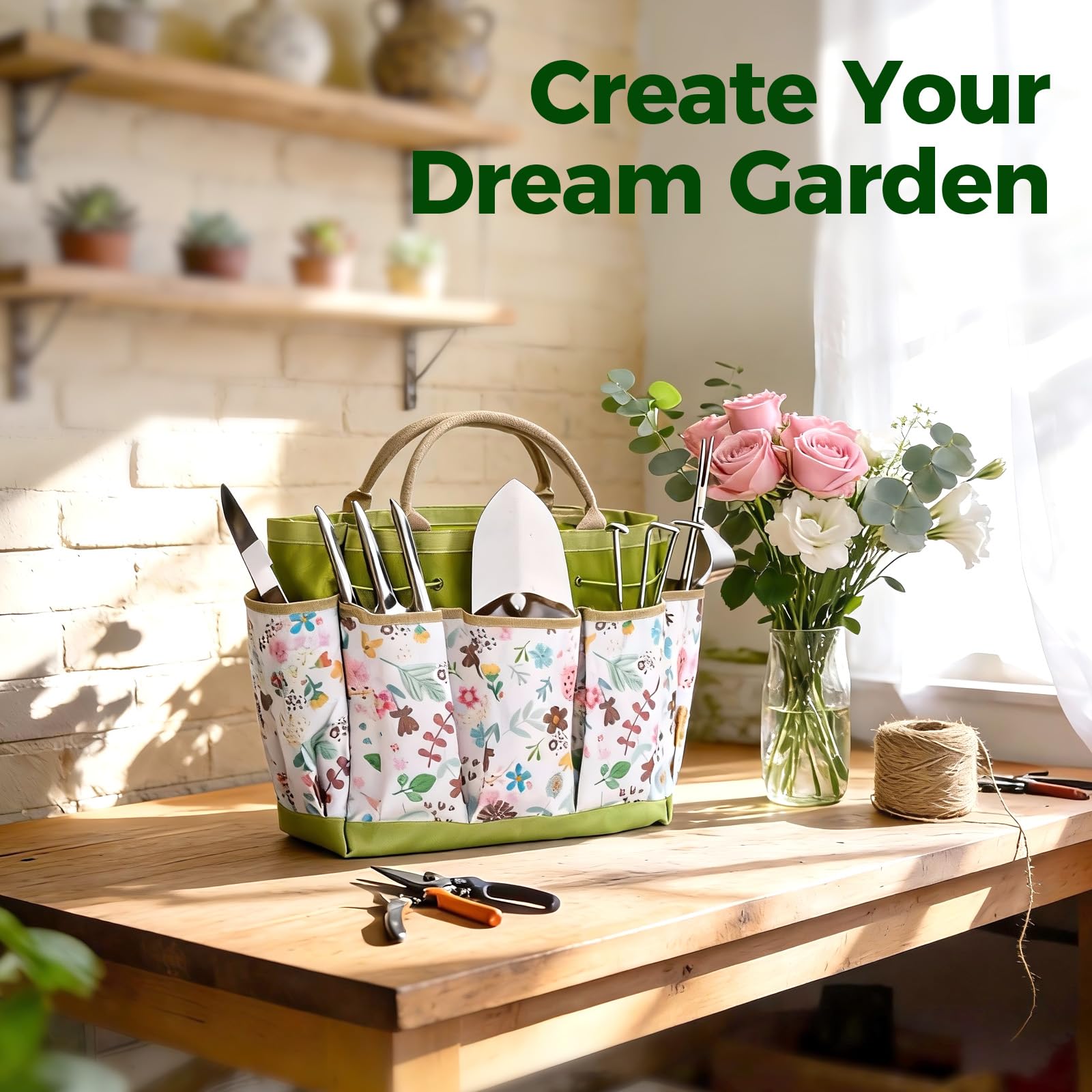 Bamworld Juego de Herramientas de Jardinería 9 Piezas, Kit Jardinería y Set Jardín de Acero Inoxidable con Bolsa, Guantes, Pulverizador, Pala, Tijeras de Podar, Rastrillo para Macetas y Huerto