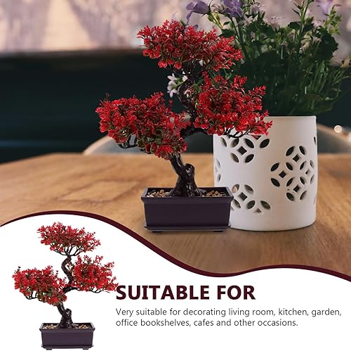 Miniatura 6 de EXCEART Planta de bonsái artificial, decoración en maceta de plástico rojo para escritorio, mesa de boda, centro de mesa, decoración del hogar y la