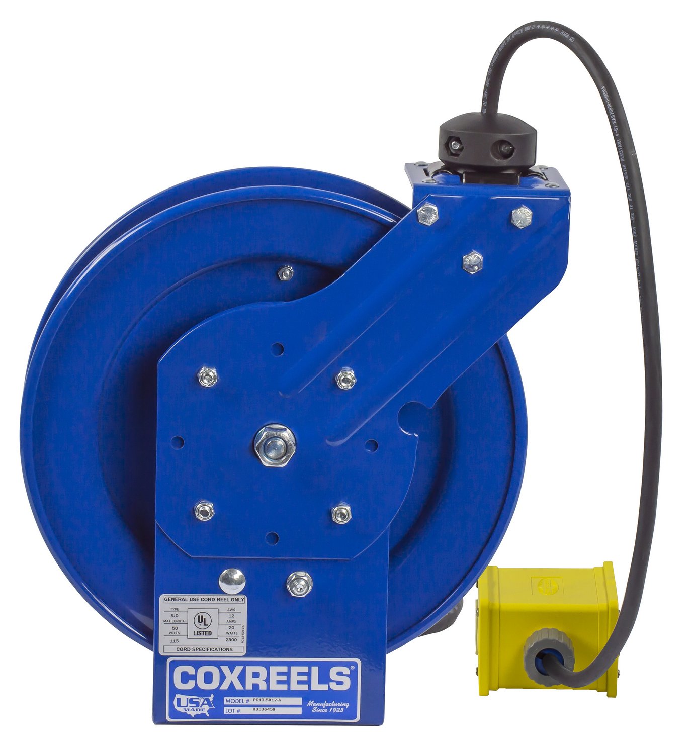 Review Product Coxreels PC19-7512-B Power Cord Spring Rewind Reels: Quad Industrial Receptacle, 75' cord, 12 AWG