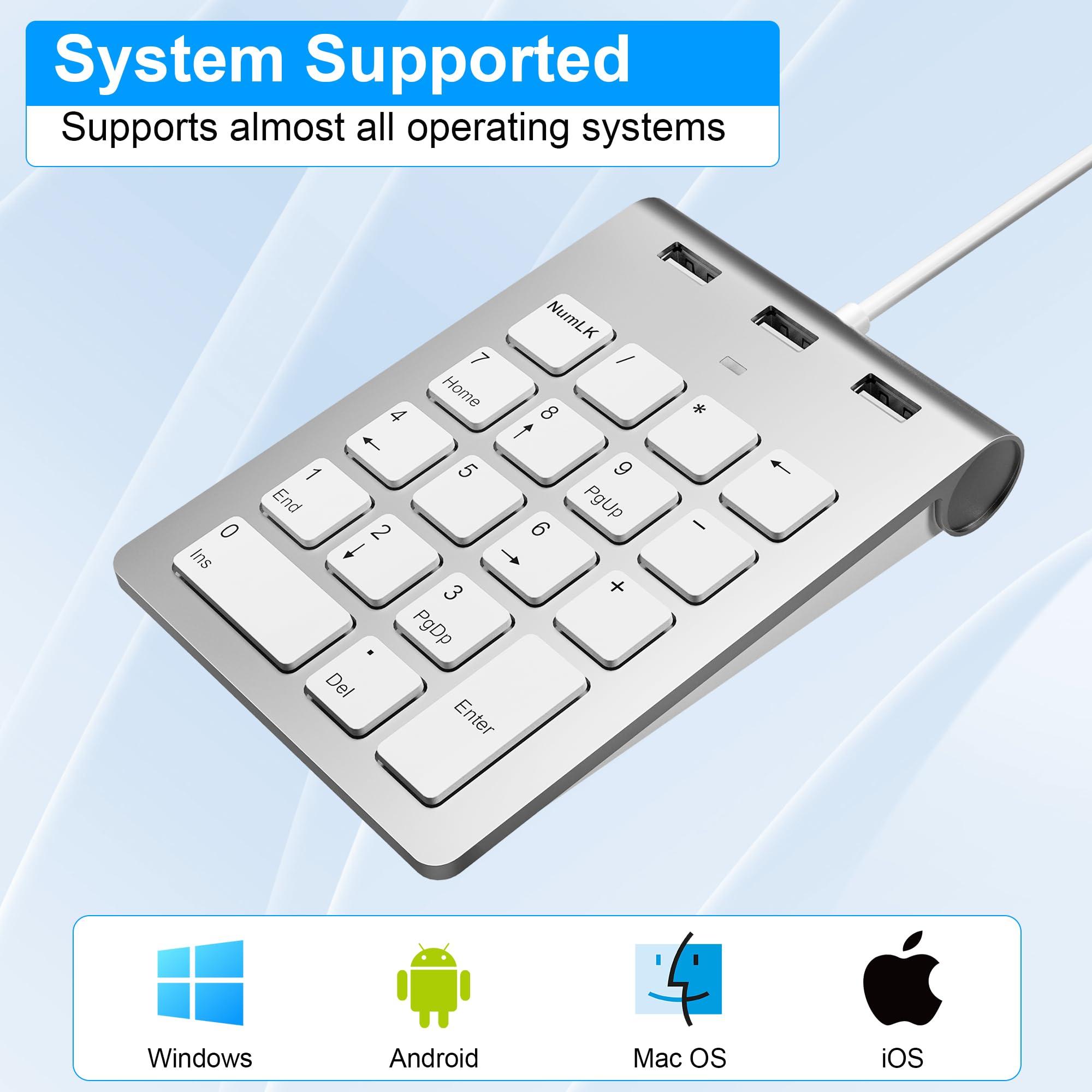 Pavé Numérique avec câble USB, USB A/USB C Clavier Numérique Ergonomique Portatif Mini avec 3 USB 2.0 Ports, Pavé de Calcul de Bureau 18 Touches pour Ordinateur Portable, Surface Pro, PC, iMac, iPad