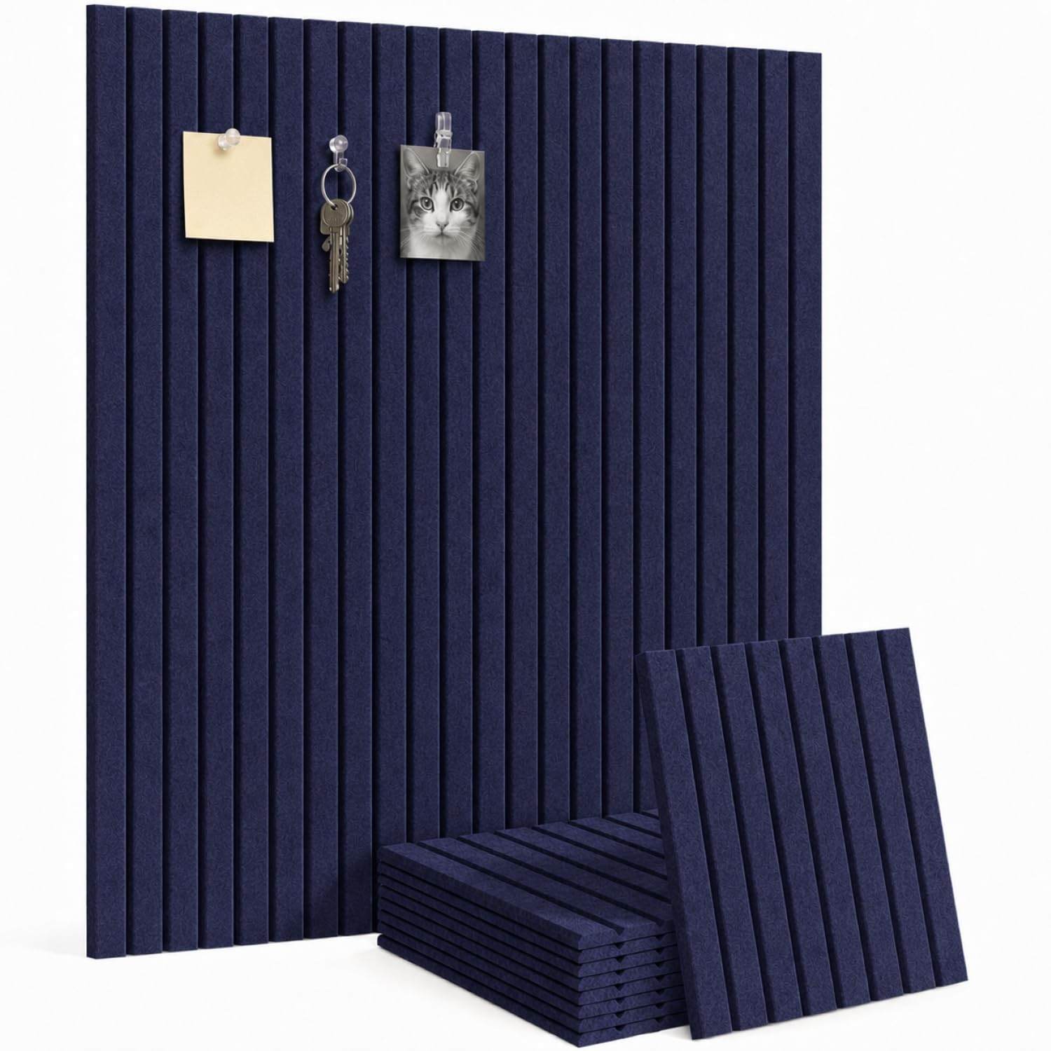 Malajess 36"x36" Felt Bulletin Board - 9 Pack Polyester Wall Tiles w/Push Pins, Clips, Hooks & 50 Removable Adhesive Tabs - Cork Alternative for Home, Dorm, Office Decor & Organization (Navy Blue)