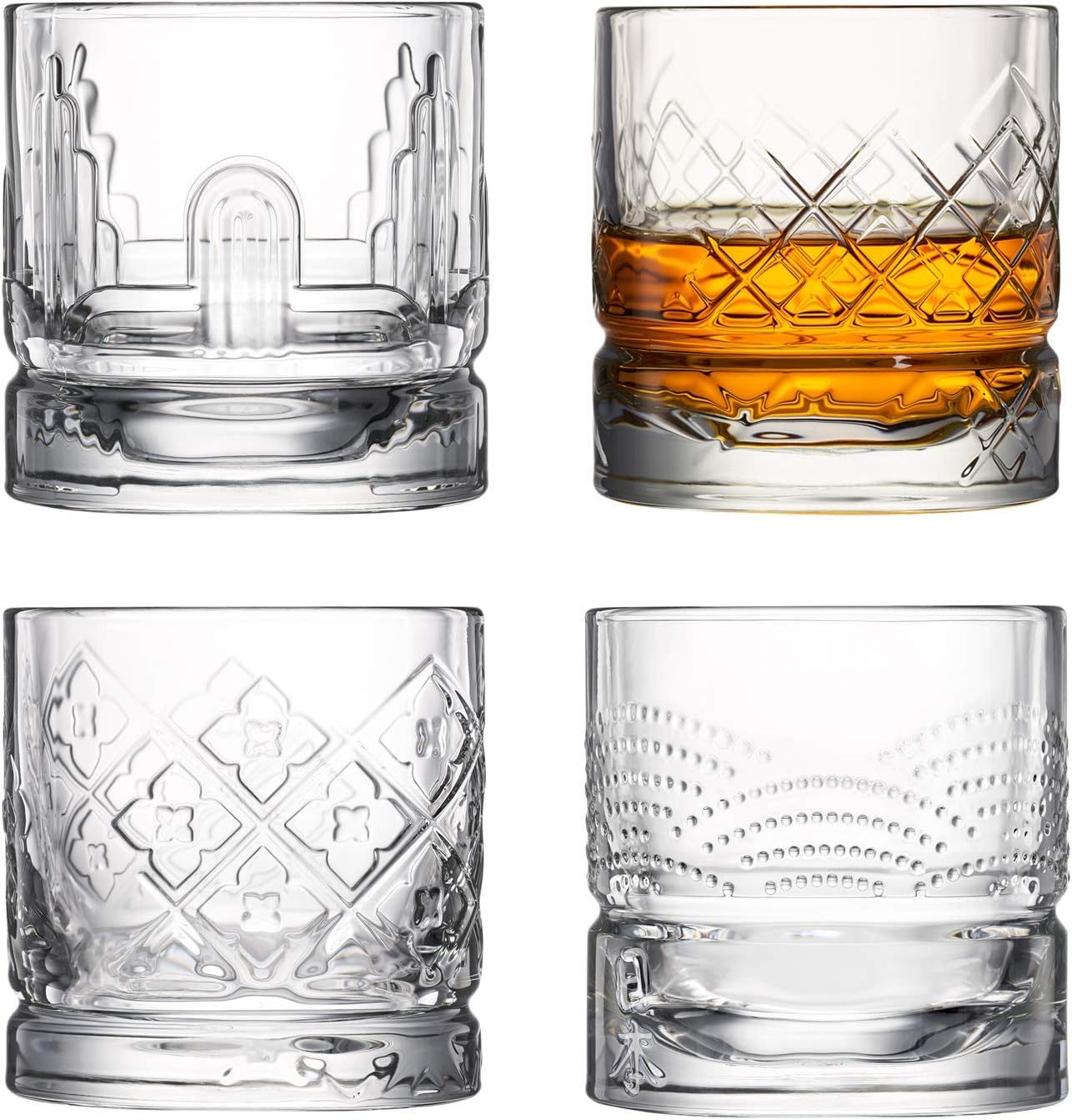 La Rochere Dandy Whiskey Glasses Set of 4 – French Pressed Glass Whiskey Tumblers with Symbolic Designs of Scotland, Ireland, USA & Japan – Authentic French Craftsmanship for Spirits Rituals (10 oz)