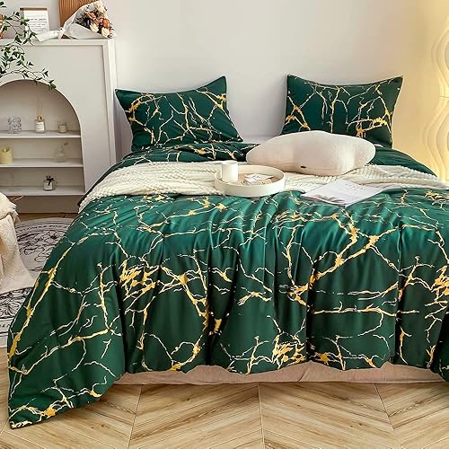 Miniatura 2 de Donaness Juego de edredón de mármol metálico con purpurina dorada y verde dorado, juego de ropa de cama de lujo con estampado de papel de aluminio