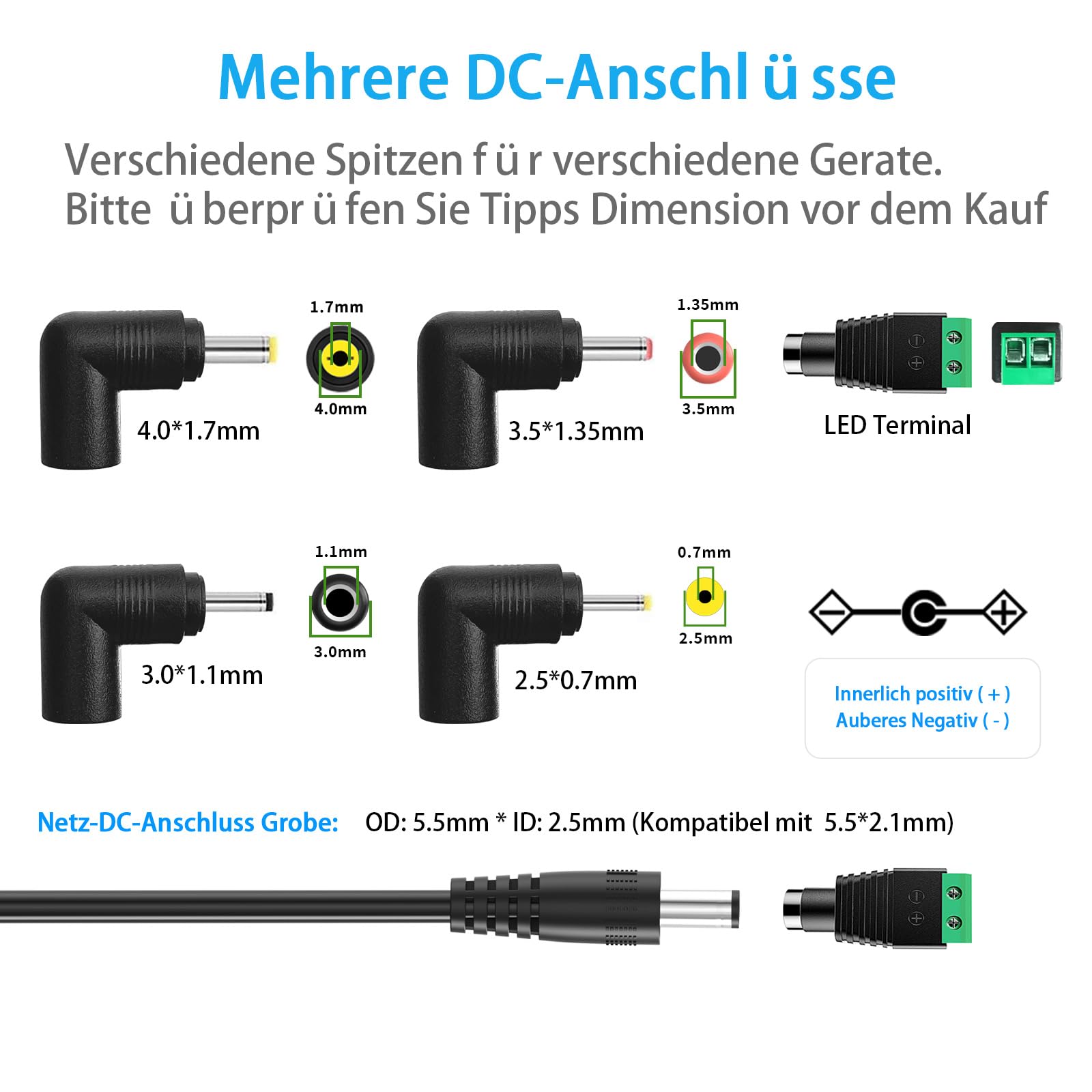 Alimentatore da 12V 2A, AC 100-240V fino a DC 12 Volt Adattatore spina europea, compatibile con strisce LED 5050 3528, sistema di sicurezza CCTV, monitor LCD, con presa DC da 5,5 x 2,1 mm.