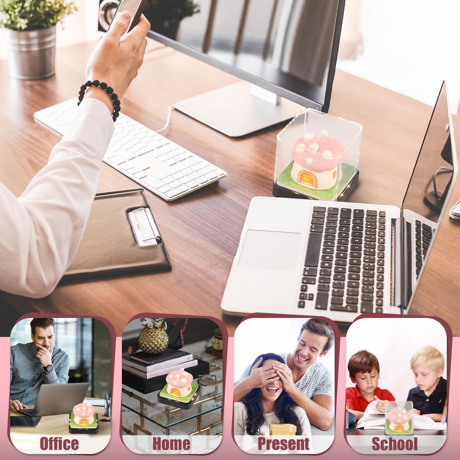 Schreibtisch kalender mit LED-Lichtern, 2025 Kalender 3D Memo Pad Papier Kreative 3D Notizblock Papier, Countdown Kalender Schnitzen Geschenk Desktop Dekoration (Rosa Pilz)
