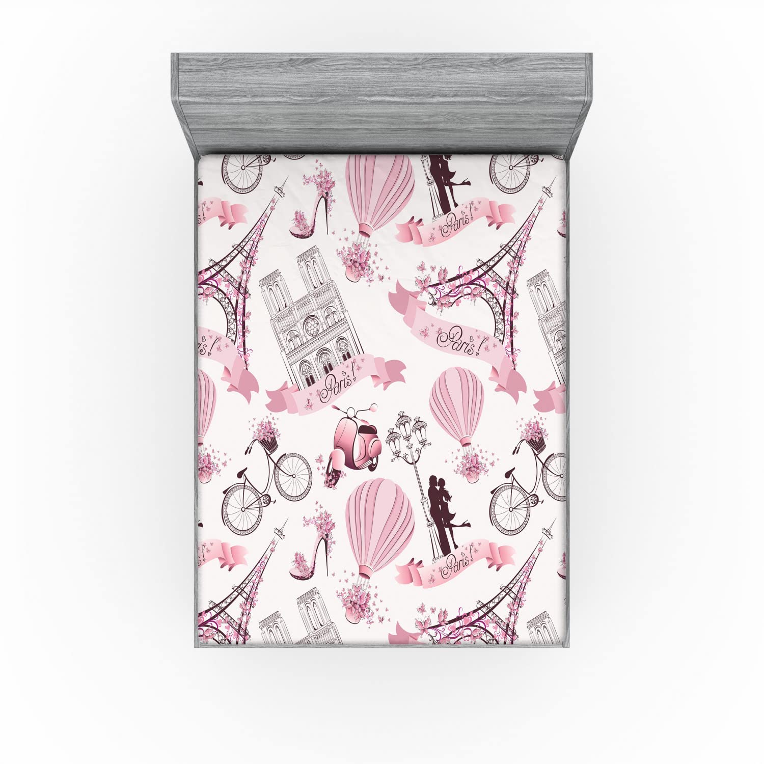 Ambesonne Eiffel Tower 2 Pack Fitted Sheet, Paris Honeymoon, Bed Cover All-Round Elastic Deep Pockets 2 Pieces, Package Contains 2 Queen Size Fitted Sheets, Soft Pink