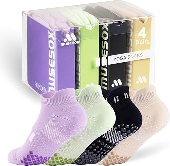 4 Pairs Non-Slip Pilates Socks for Women with grips,Grippy Ankle Socks for Yoga,Barre,Hospital,Gym,Dance