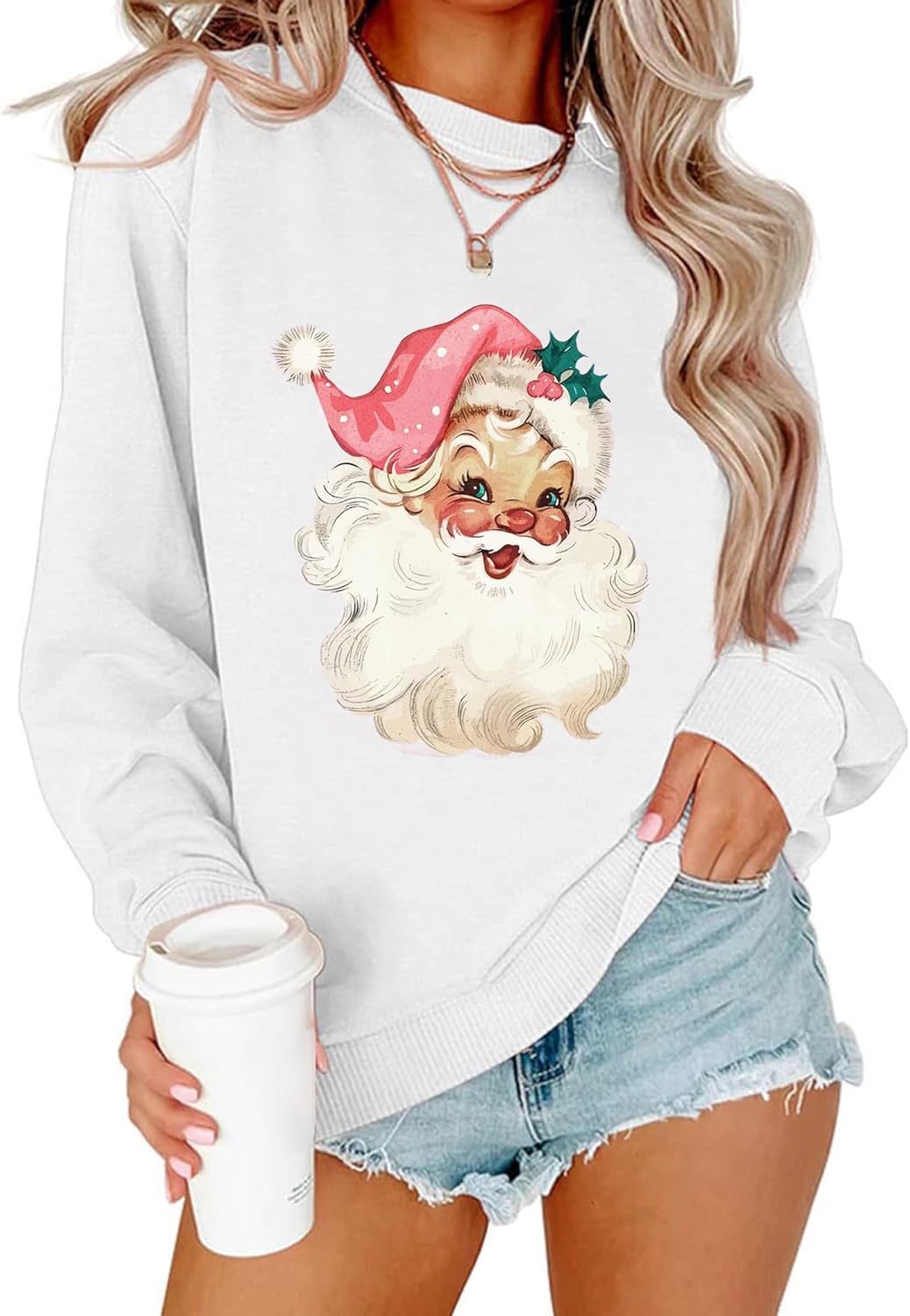 Christmas Sweatshirt for Women Novelty Pink Santa Xmas Graphic Long Sleeve Pullover Tops