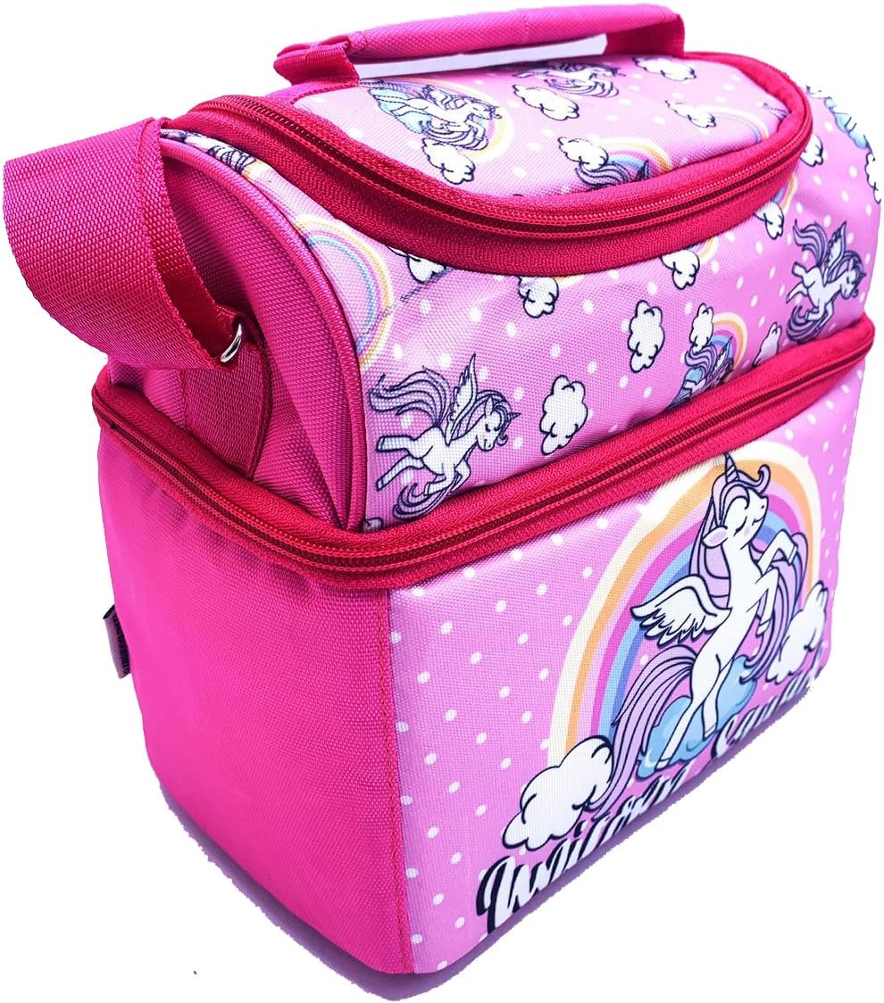 Echo Boomers Pink Unicorn Printed Double Insulated Tiffin Lunch Bag with Multi Zipper Pockets