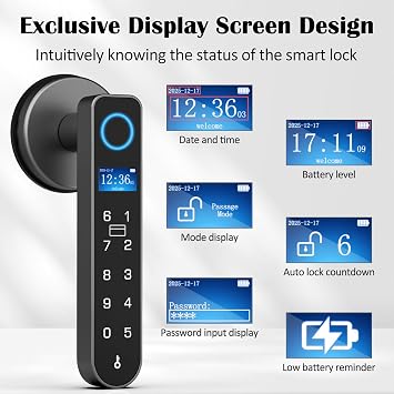 Fingerprint Handle Door Lock RFID NFC Smart Door Levers eLinkSmart Digital Keyless Entry Door Knob Lock with Keypad Display Screen Privacy Mode for Bedroom, eSmartLock App Black