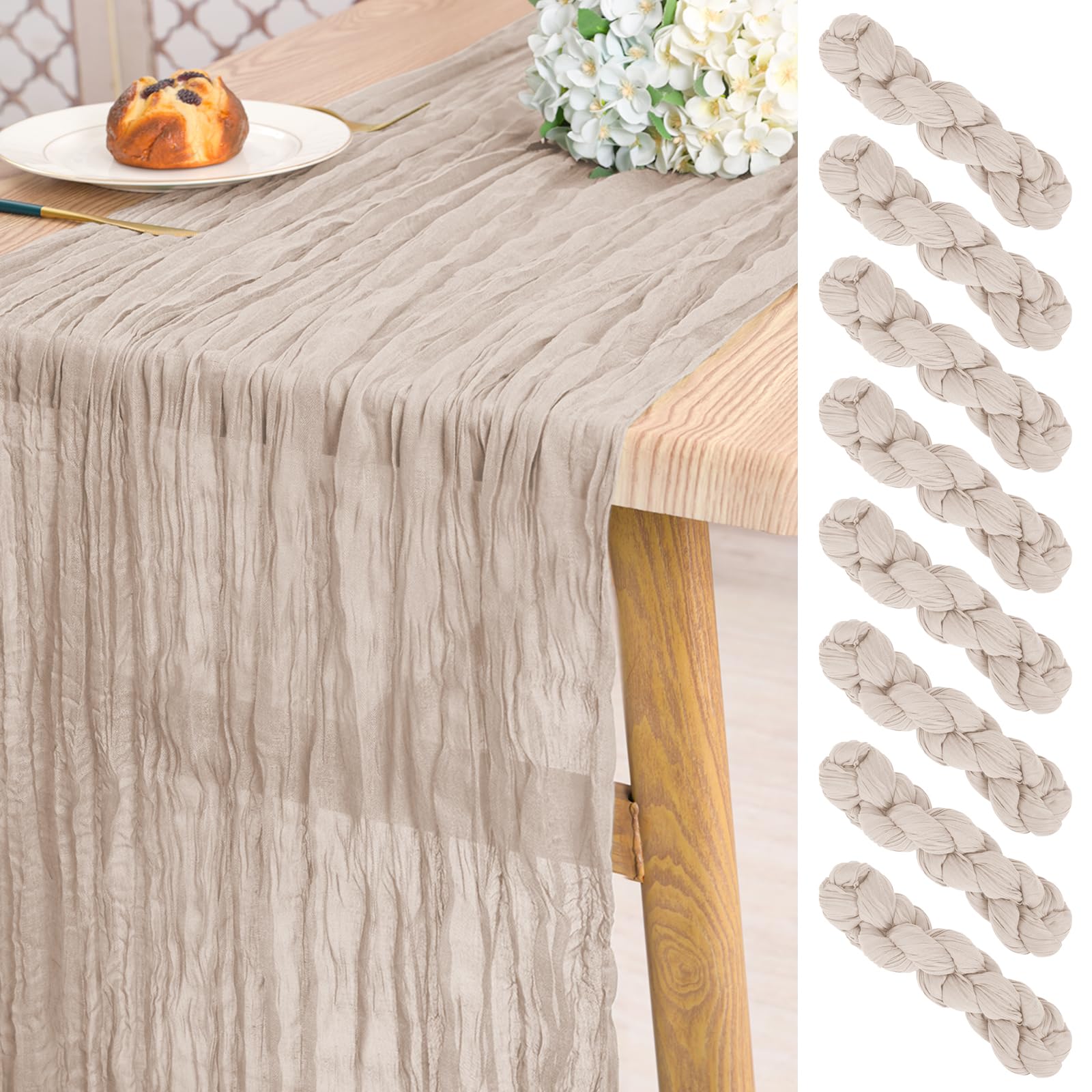Pesonlook 8 Pack Gauze Cheesecloth Table Runner Brown Grey,10ft Long Rustic Gauze Boho Wedding Table Runners 21.5 x 120 Inch for Wedding,Bridal Shower,Party,Banquet Decoration