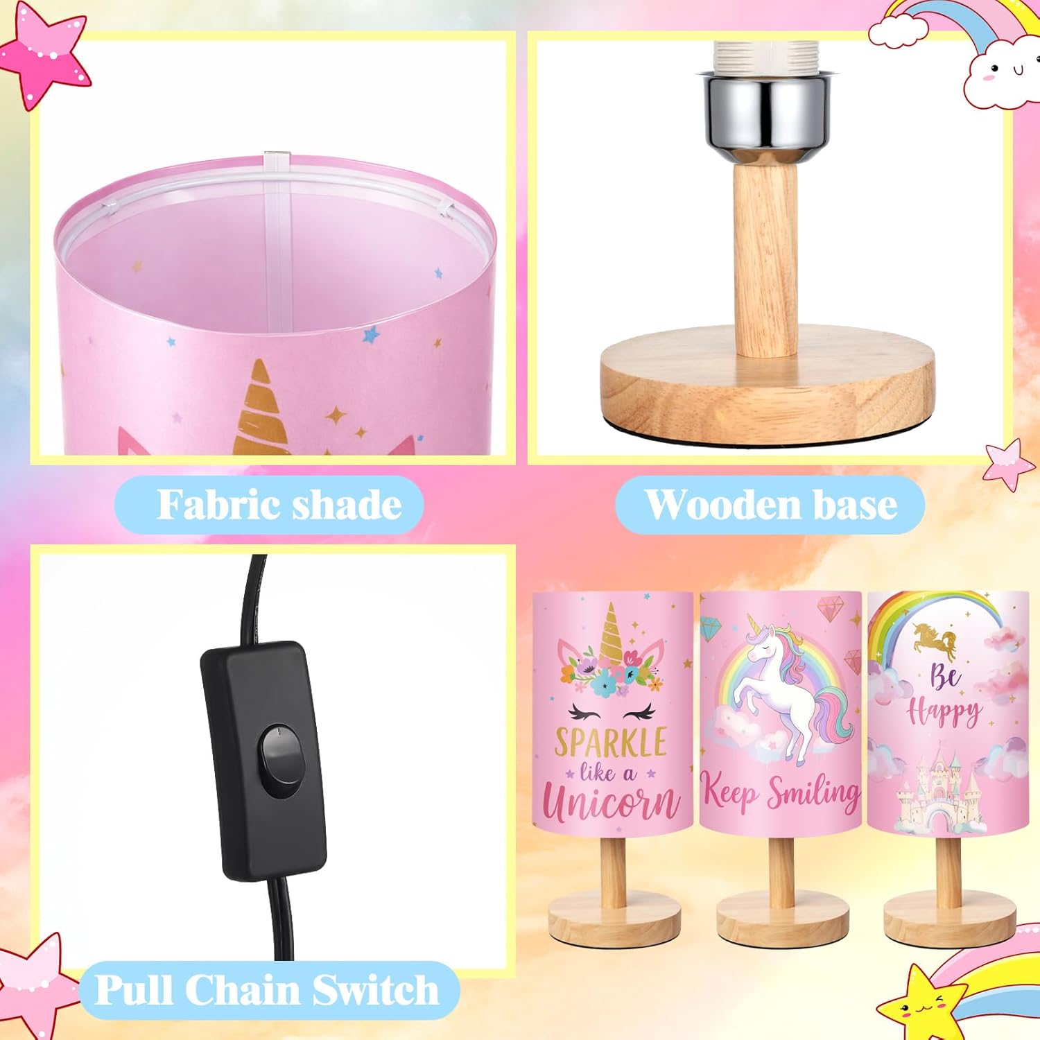 Tujoe 3 Pcs Interchangeable Unicorn Bedside Table Lamp Fabric Nightstand Table Lamp for Kids Room Desk Reading Bedroom Night Stand Decor Children's Birthday Christmas Gifts for Girls and Boys