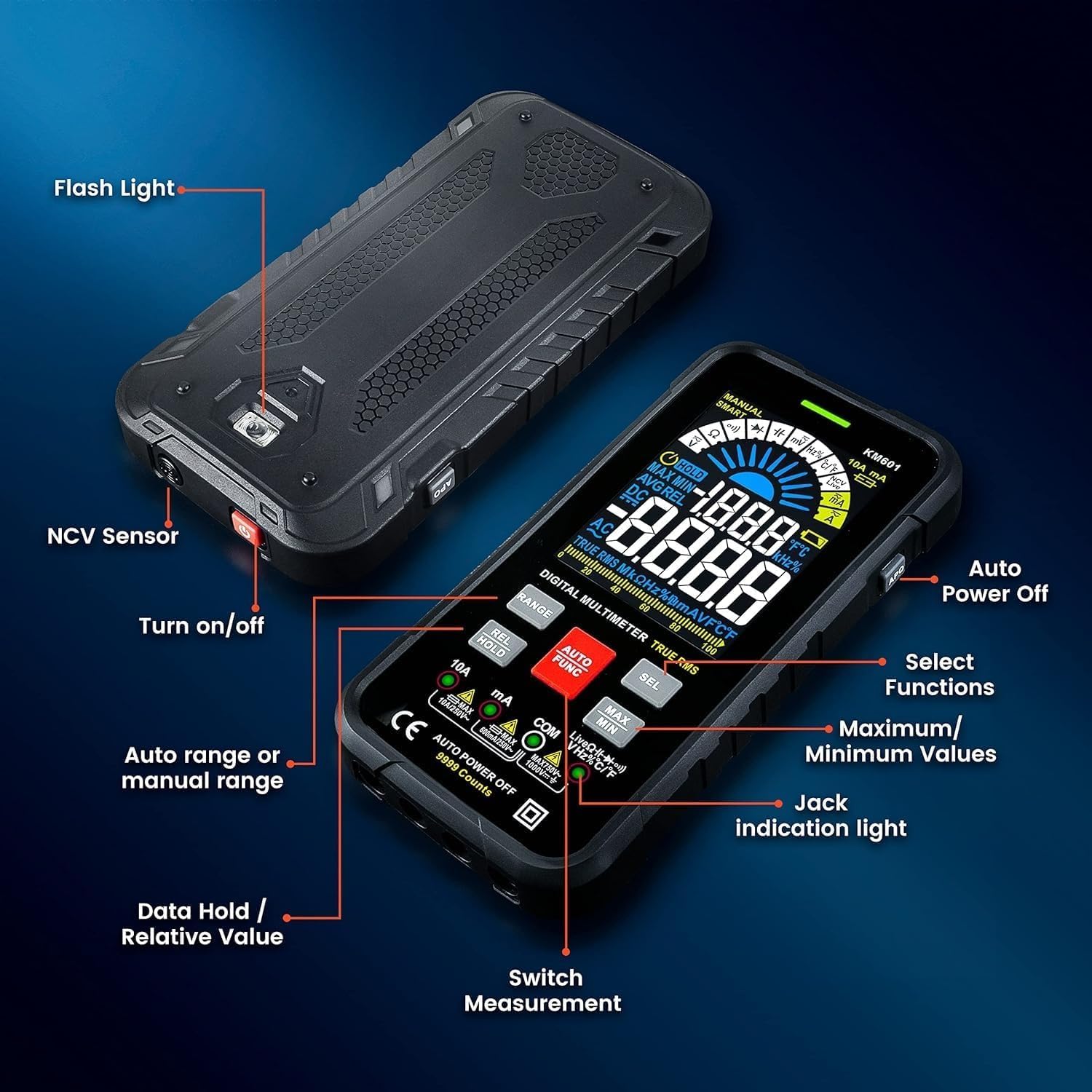 Digital Multimeter Voltmeter Smart Electrical Tester Measures Voltage Current Resistance Continuity Capacitance Temperature Frequency Auto Ranging 10000 Counts TRMS (Without Battery)