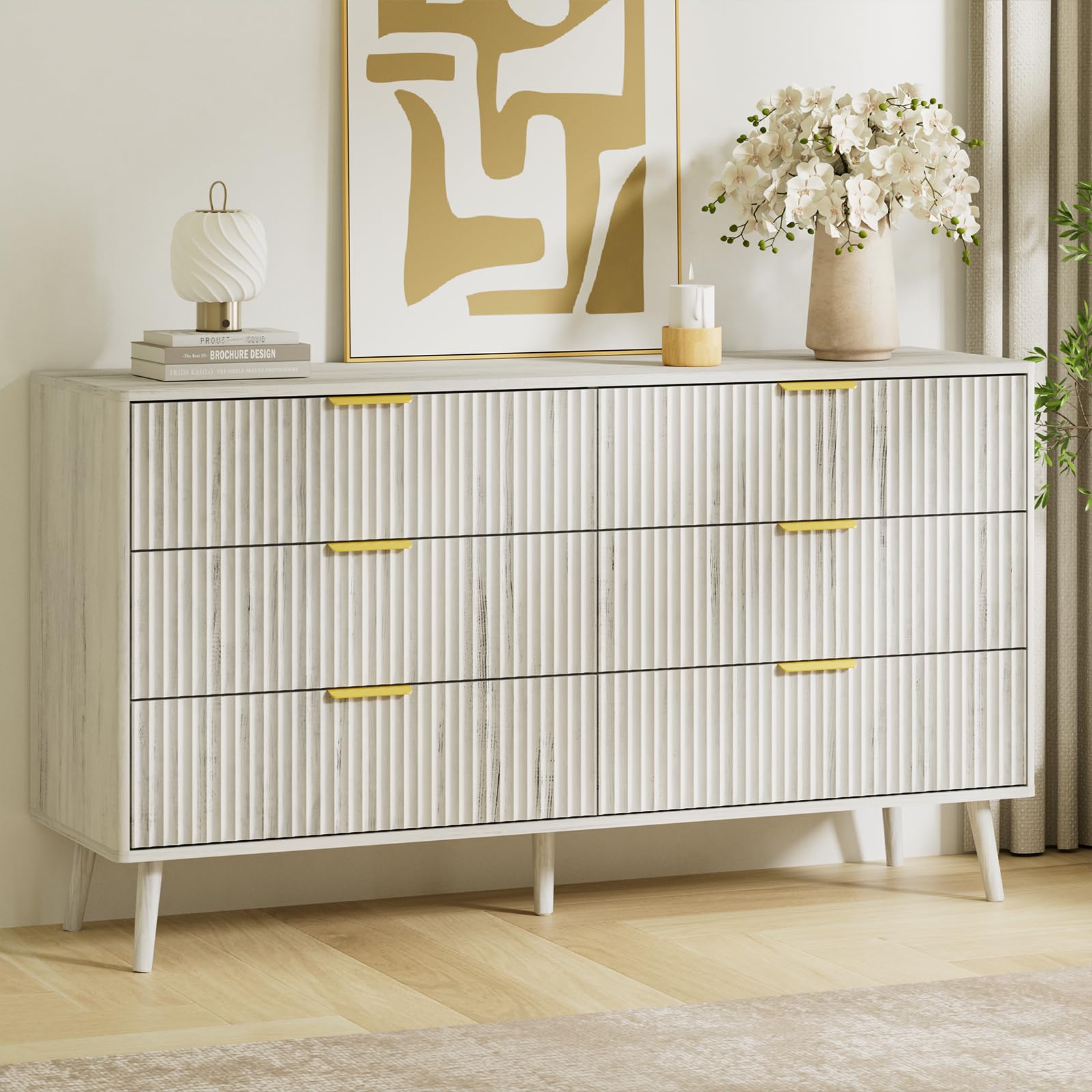 LYNSOM 6 Drawers Fluted Dresser for Bedroom, 55" Wide Modern Chest of Drawers with Metal Handle and Curved Profile Design, Dresser TV Stand, Wood Drawer Organizer for Living Room, Hallway, White