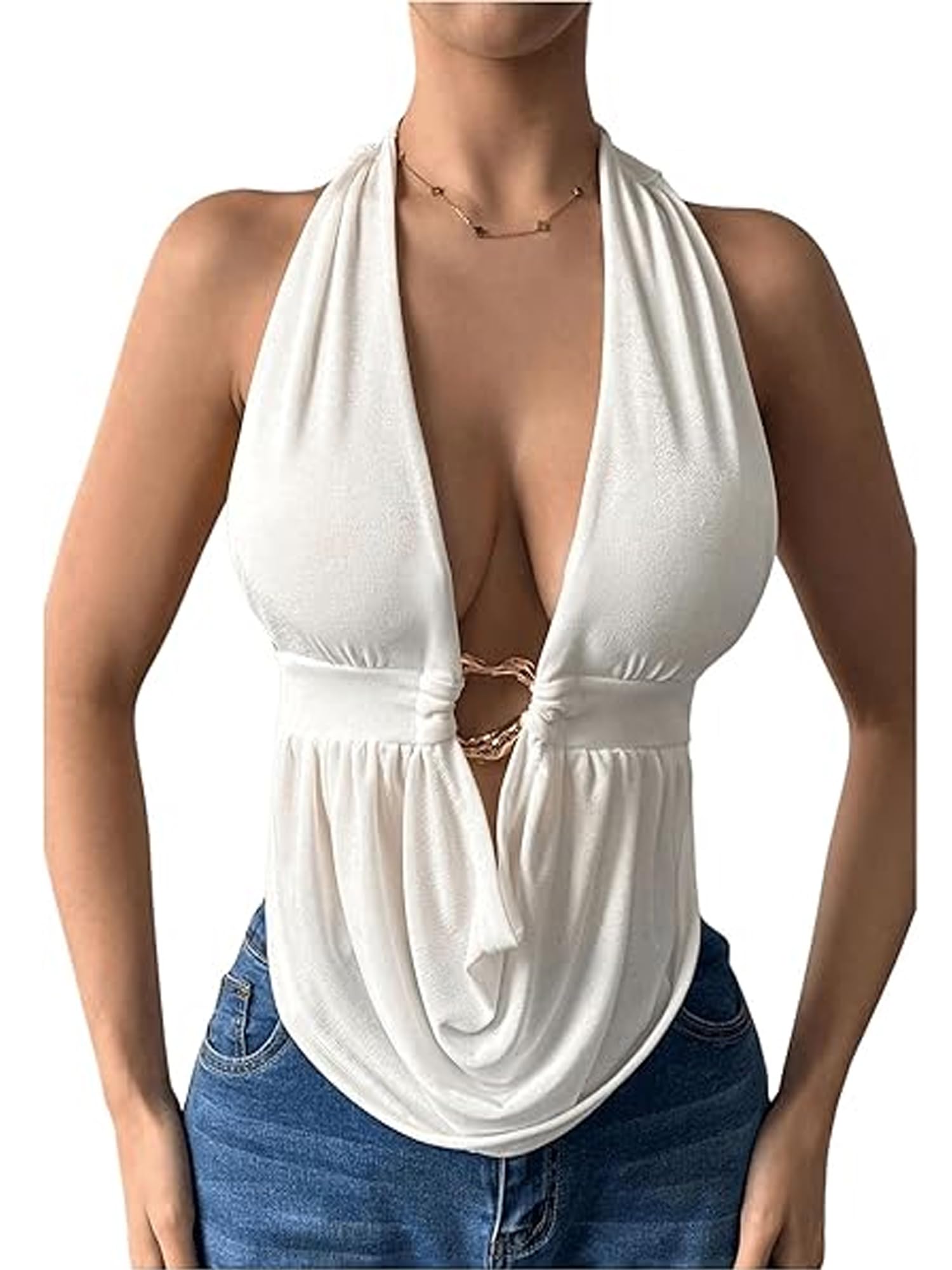 Acrawnni Women Backless Halter Neck Cami Tops Sleeveless Open Back Deep V Neck Slim Fit Tank Tops Y2K Summer Clubwear (G-White, L)
