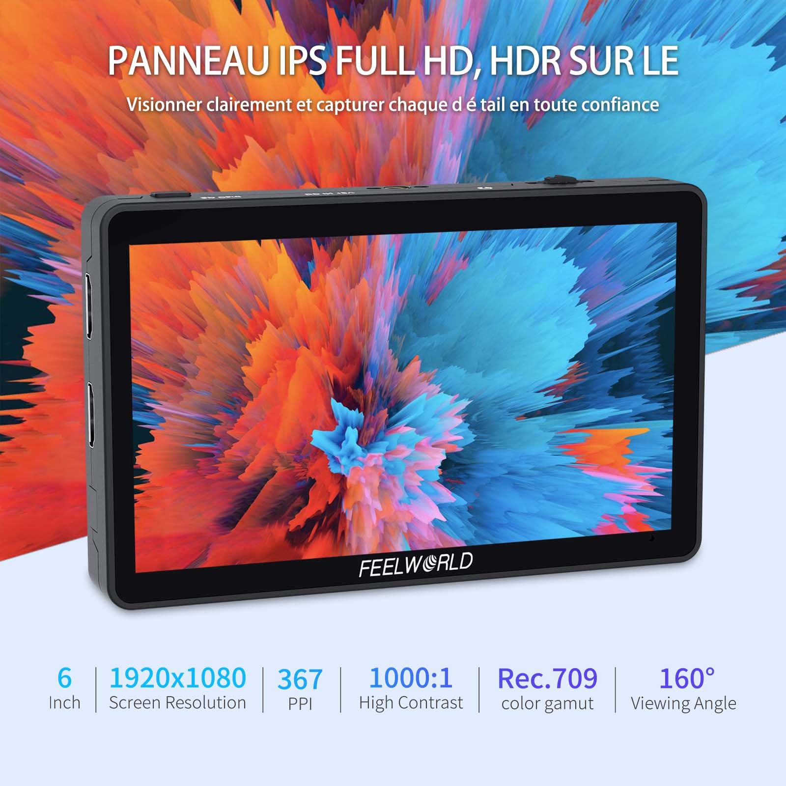 FEELWORLD F6PLUS V2 Moniteur Champ de Caméra 6 Pouces Écran Tactile HDR LUT 3D avec Batterie, Sac de Rangement pour Appareil Photo IPS 1920x1080 4K HDMI 5 V Type-c Input