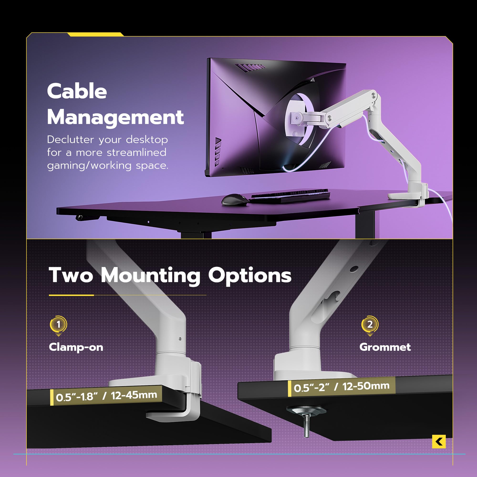 ARES WING Supporto per monitor da 17-49 pollici, fino a 20 kg, bianco | Ultrawide - Supporto da tavolo con molla a gas per monitor piatti e curvi, regolabile in altezza, guida cavi, VESA 75/100 mm