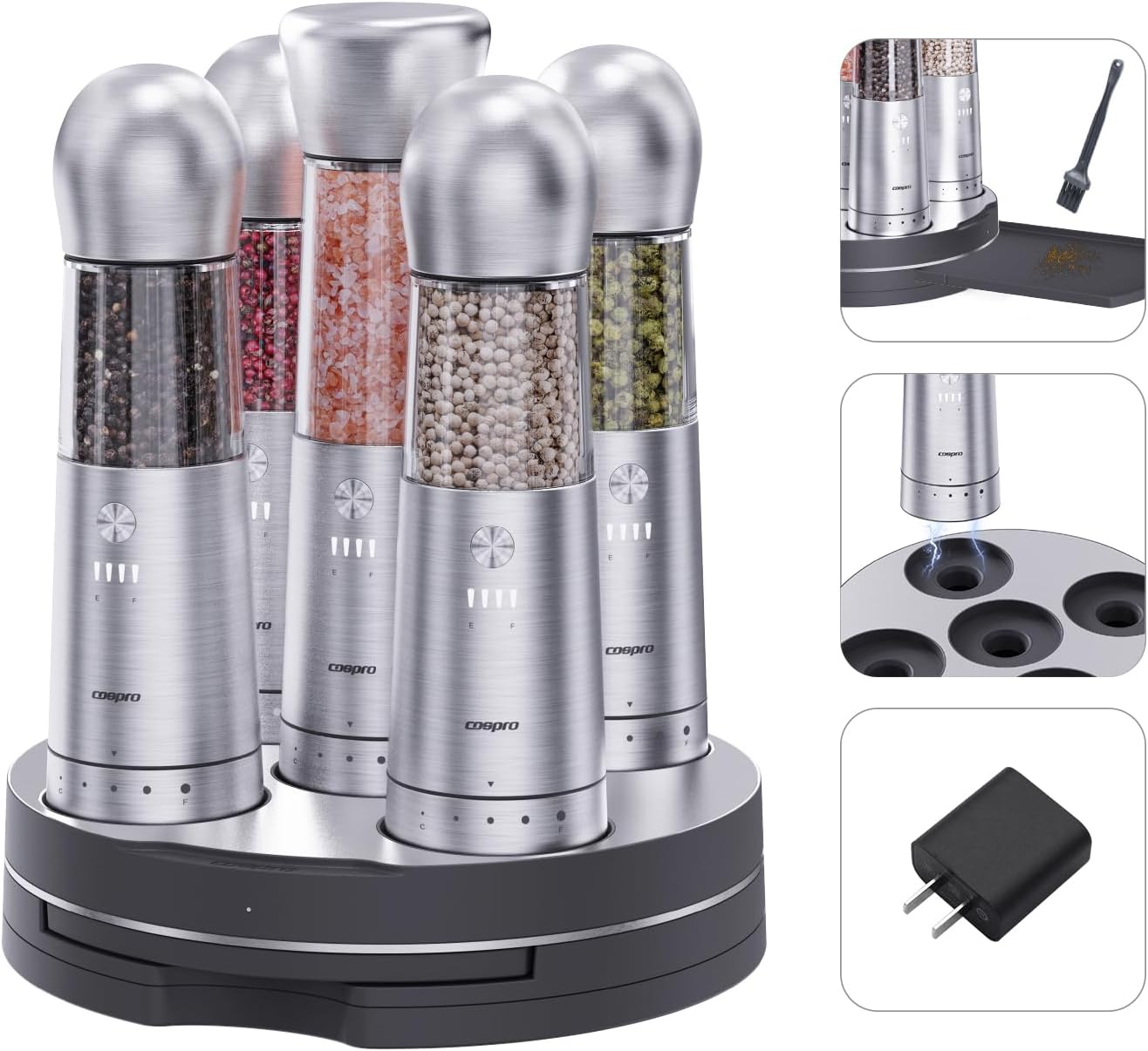 COSPRO Electric Salt & Pepper Grinder Set of 5 | Wireless Charging | Rechargeable | Stainless Steel | One-Hand Use | Adjustable Coarseness | Easy Clean | Himalayan Salt & Spices