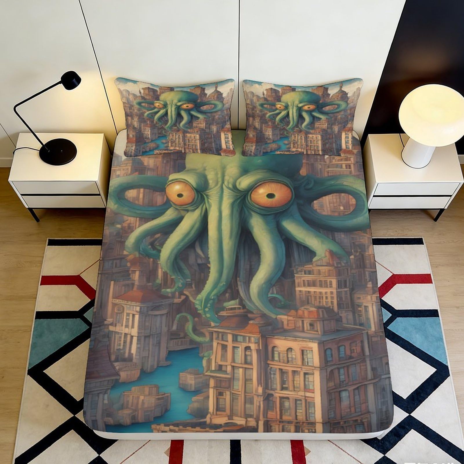 Pnayamiorkfel Style-2 3D Printed Cthulhu Cityscape Fitted Sheet Microfiber Octopus Art Bed Cover For Bedroom Guest Room Mattress Decor 90X200x25cm