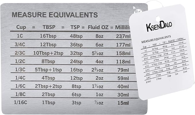 Measurement Conversion Chart with Strong Magnet Backing, KSENDALO Stainless Measurement Conversions For Cups, Tablespoons, Teaspoons, Fluid Oz and Milliliters,Silver
