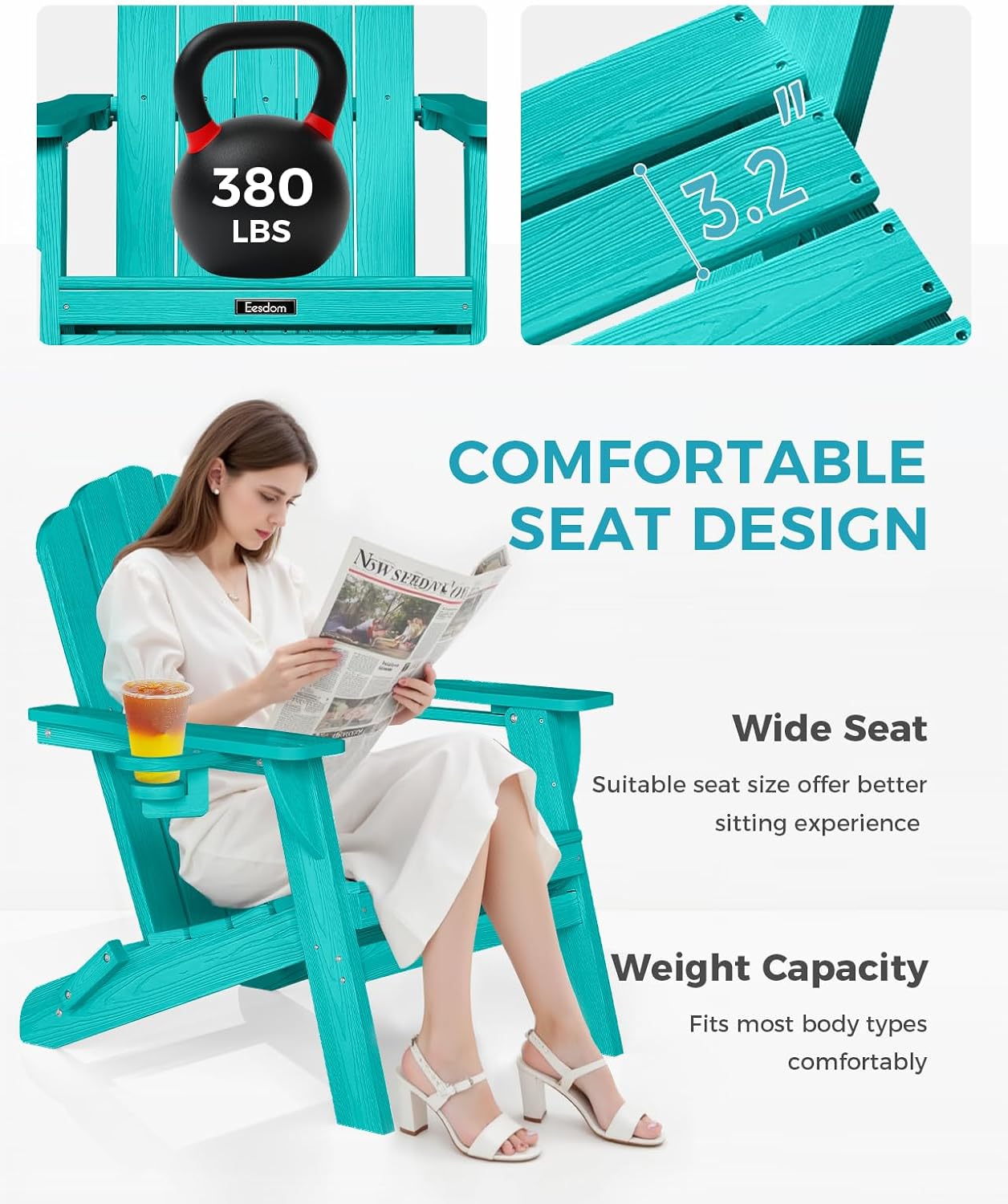 Folding Adirondack Chair,All-Weather HDPE Fire Pit Chair with 2 Cup Holders, Plastic Outdoor Chair for Patio Deck Garden Lawn, Lakeblue