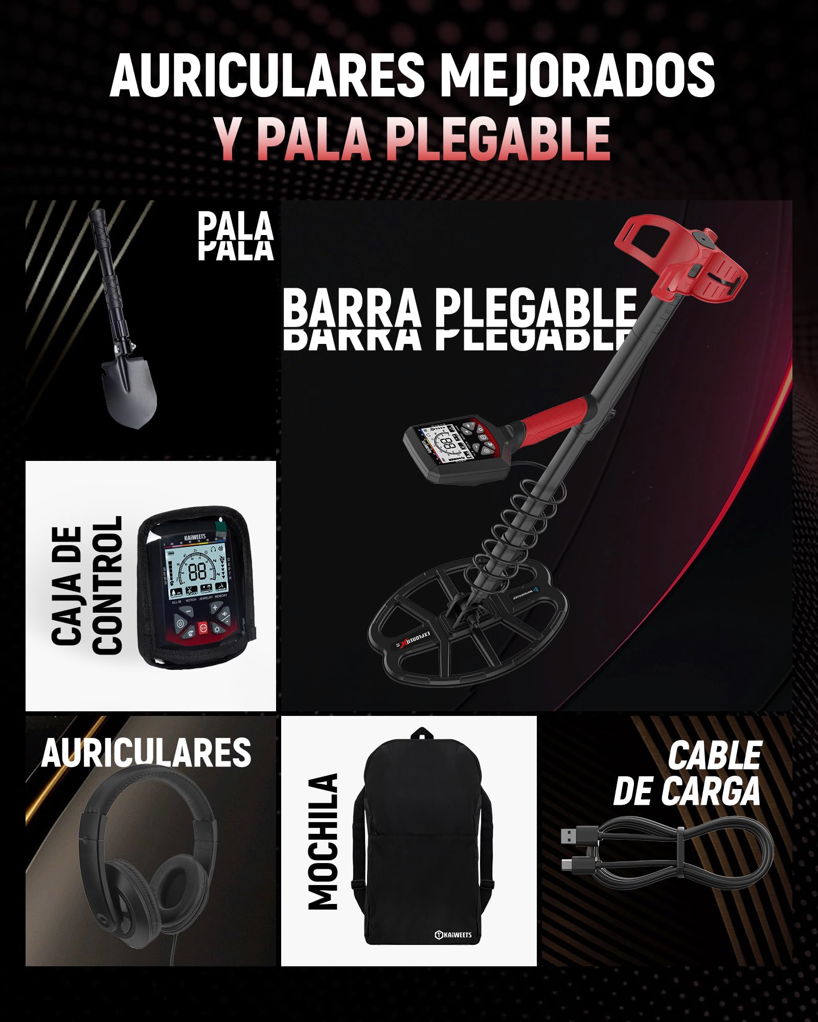 KAIWEETS Detector de Metales Profesional, Bobina Doble D Impermeable, Detector de Oro 5 Modos, Pértiga Telescópica Mejorada, Batería Recargable, Puntero, Cuchillo de Excavación y Funda para la Lluvia