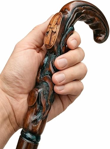 Miniatura 4 de Bastón de madera tallado a mano con cruz cristiana grabada a mano, bastón de madera tallada de primera calidad con mango ergonómico de agarre de