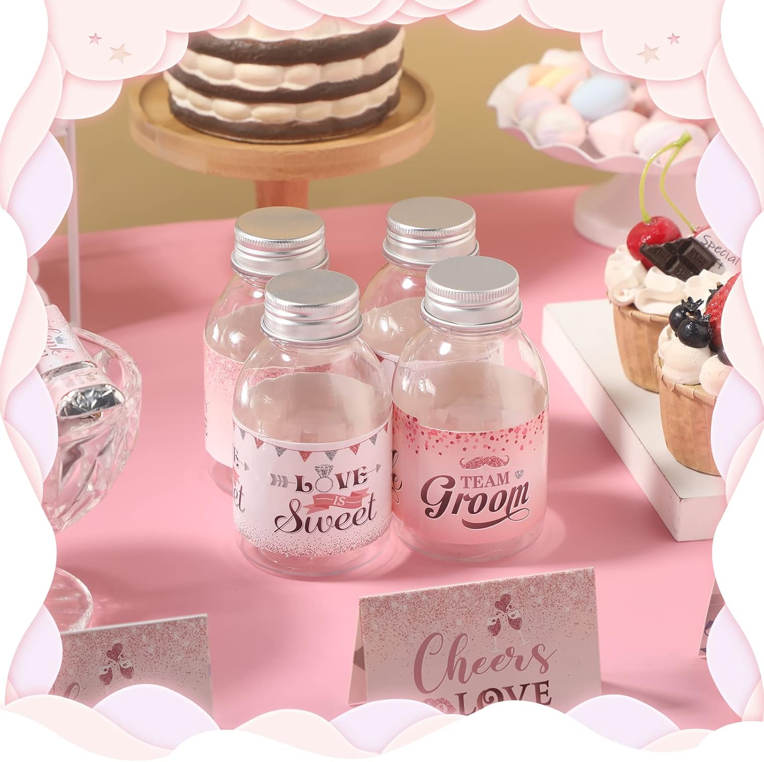 Crtiin 72 Pcs Wedding Water Bottle Labels Pink Heart Water Bottle Wraps Sticker Cheers to Love Labels Stickers for Mr and Mrs Bridal Shower Wedding Anniversary Party Supplies