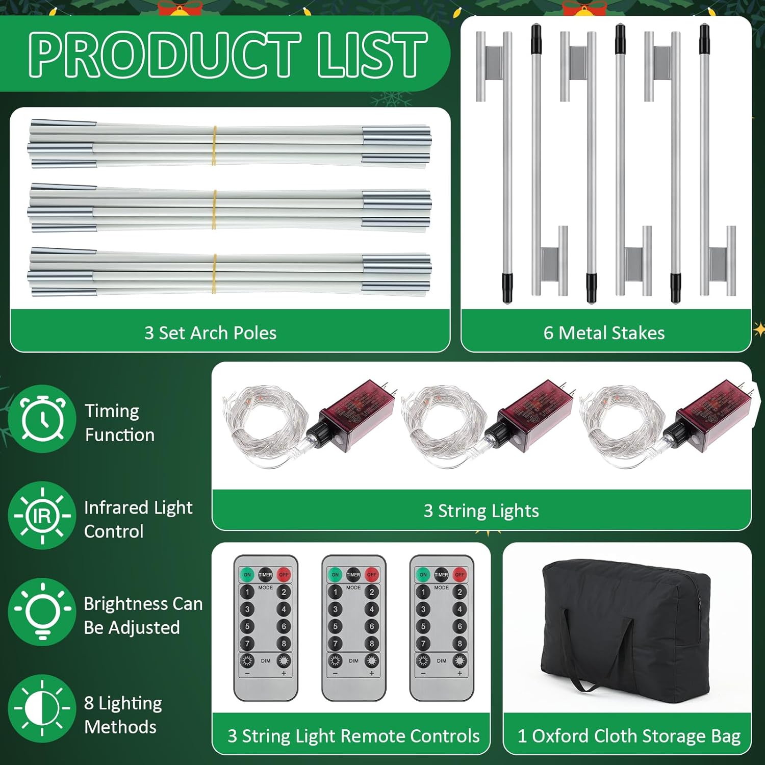 3 Sets 6.6 ft Light Arch for Christmas with 8 Mode LED Lights Remote Easy Assembly Reusable for Outdoor Christmas Archway Holiday Wedding Pathway Garden Lawn Yard Backdrop Decoration