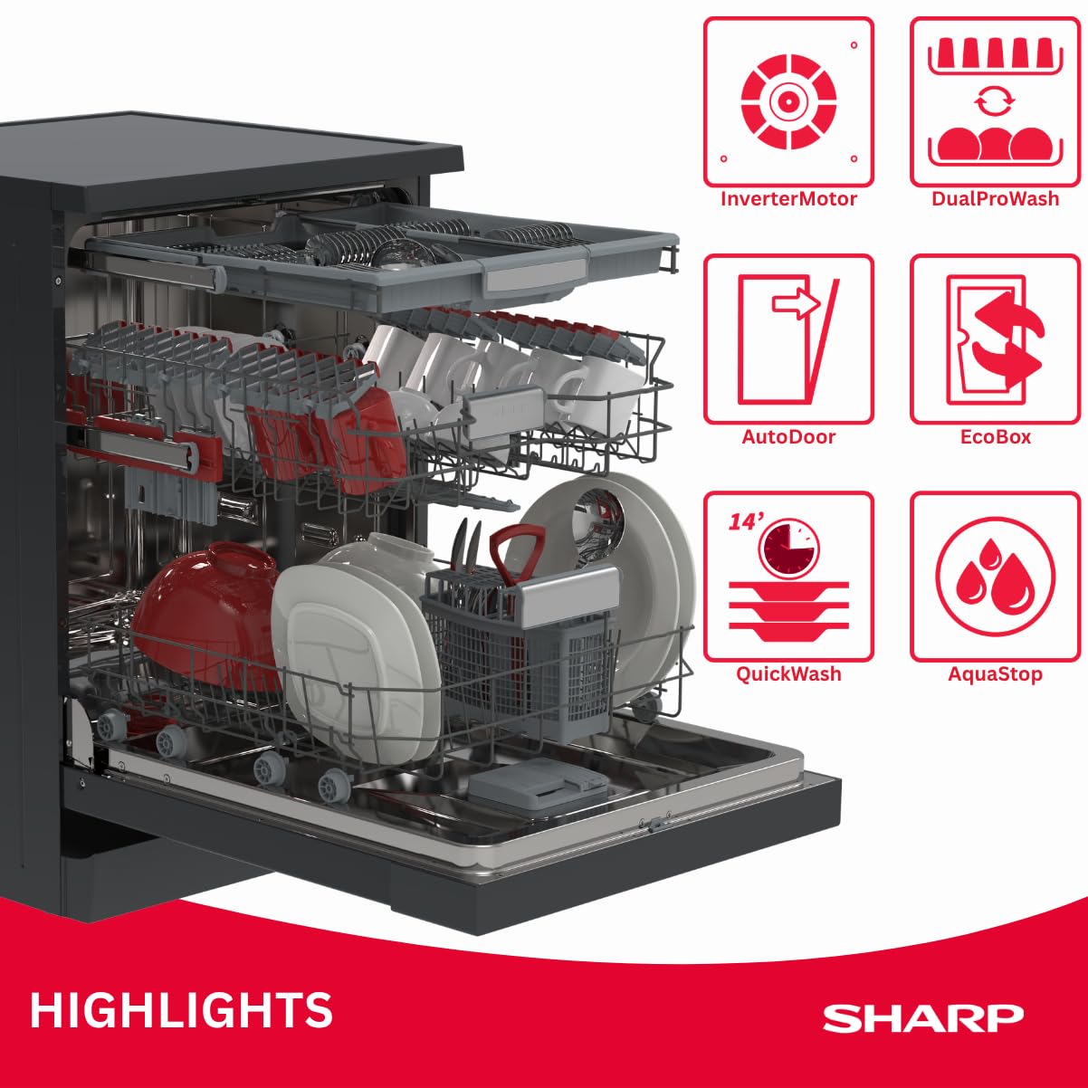 Sharp QW-NA3YF42AM-DE Geschirrspüler freistehend, 60 cm, 14 Maßgedecke, A, 42 dB, SteamWash, DualProWash, EcoWash, AutoDoor, WLAN, Weiß