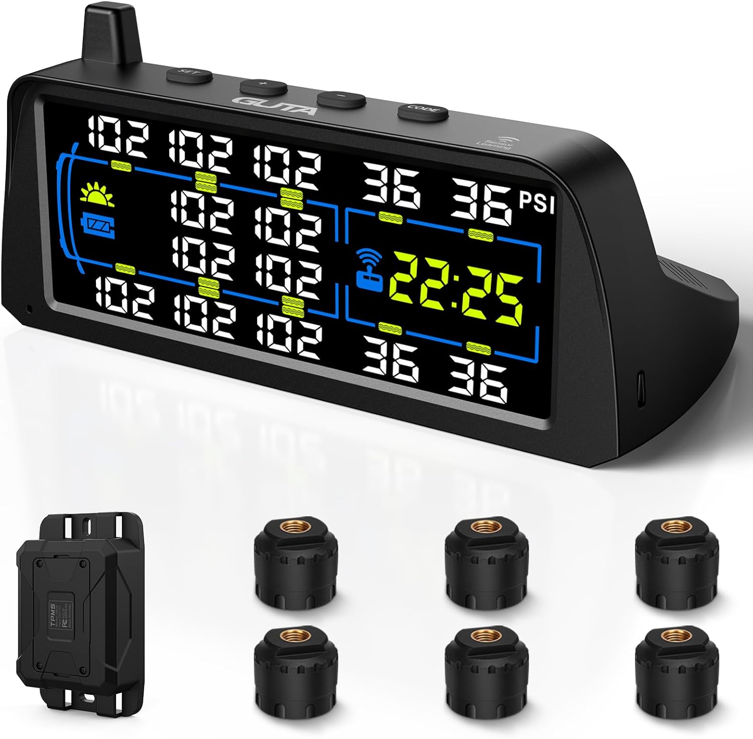 GUTA RV Tire Pressure Monitoring System, Solar Tire Pressure Monitor with 7" Large Color LCD Display, RV TPMS with 6 Sensors & 6 Alarm Modes, Signal Booster, 0-188PSI for Trailer/Truck/5th Wheel