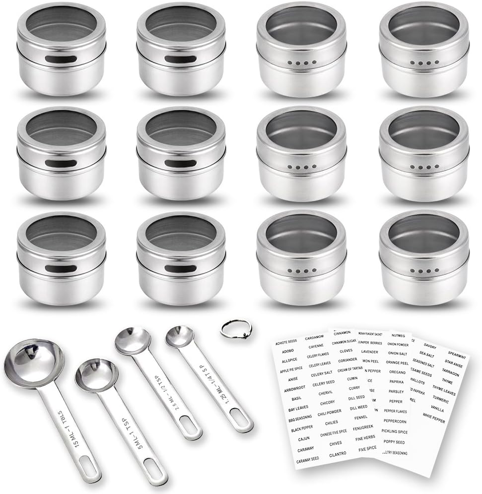 12 Magnetic Spice Tins, 117 PVC Spice Labels, 4 Stainless Steel Measuring Spoons and Recipes E-book by Sanquility. Round Storage Spice Jars Set of 12, Clear Top Lid with Sift or Pour
