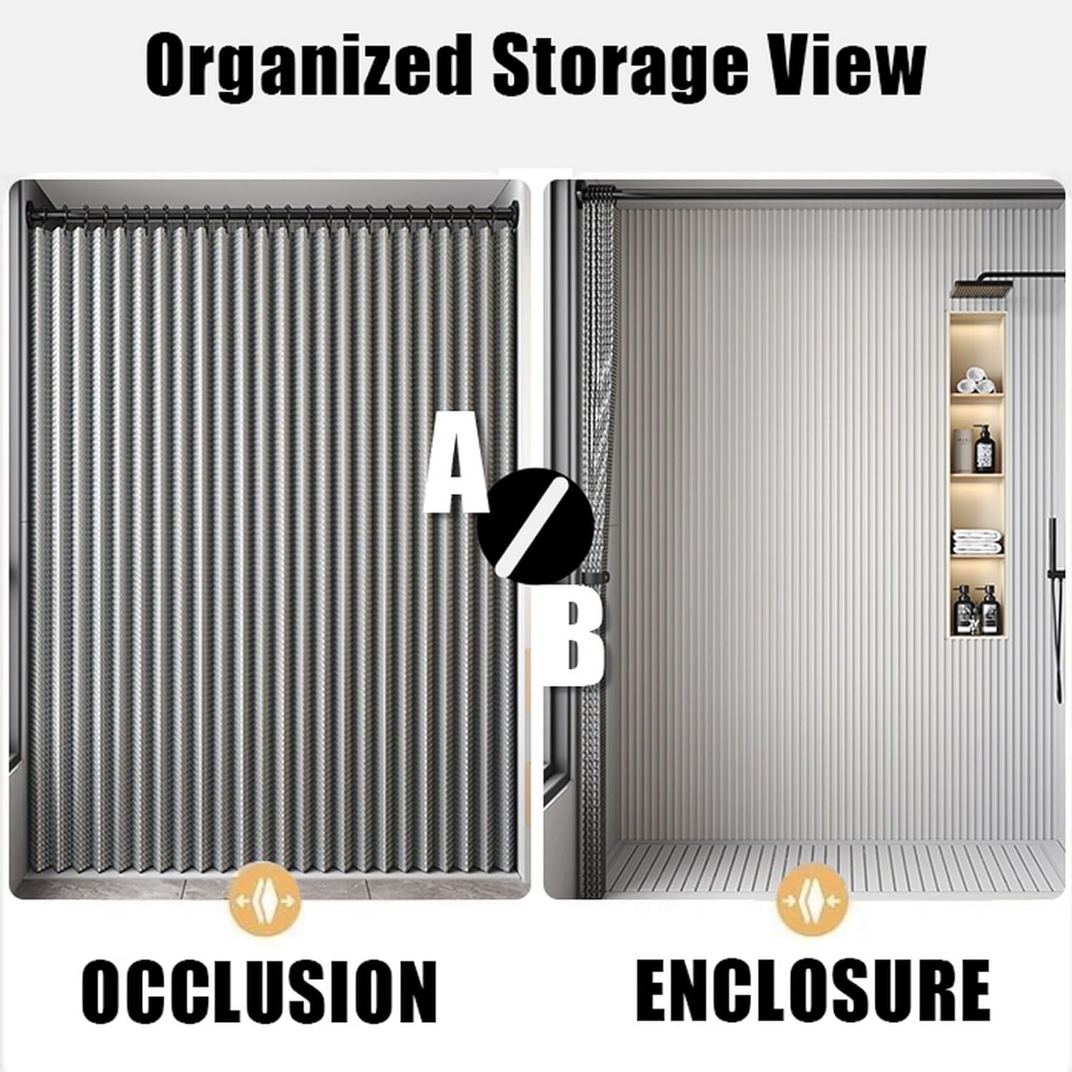 Waffle Pattern Folding Waterproof Shower Curtain for Walk in Shower, Magnetic Fabric Shower Curtains for Bathroom, No Liner Needed, 220gsm, Grey, 47"x71"