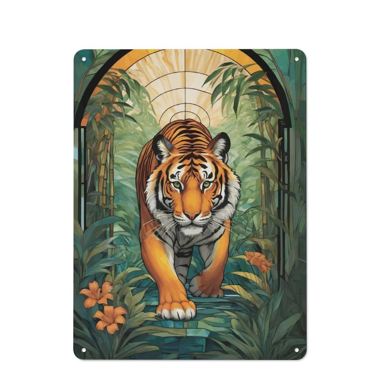 Junmoney Tiger In Jungle Stained Glass Metal Wall Sign 40X30cm Featuring For Garage Or Workshop, Suited To Diy Enthusiasts