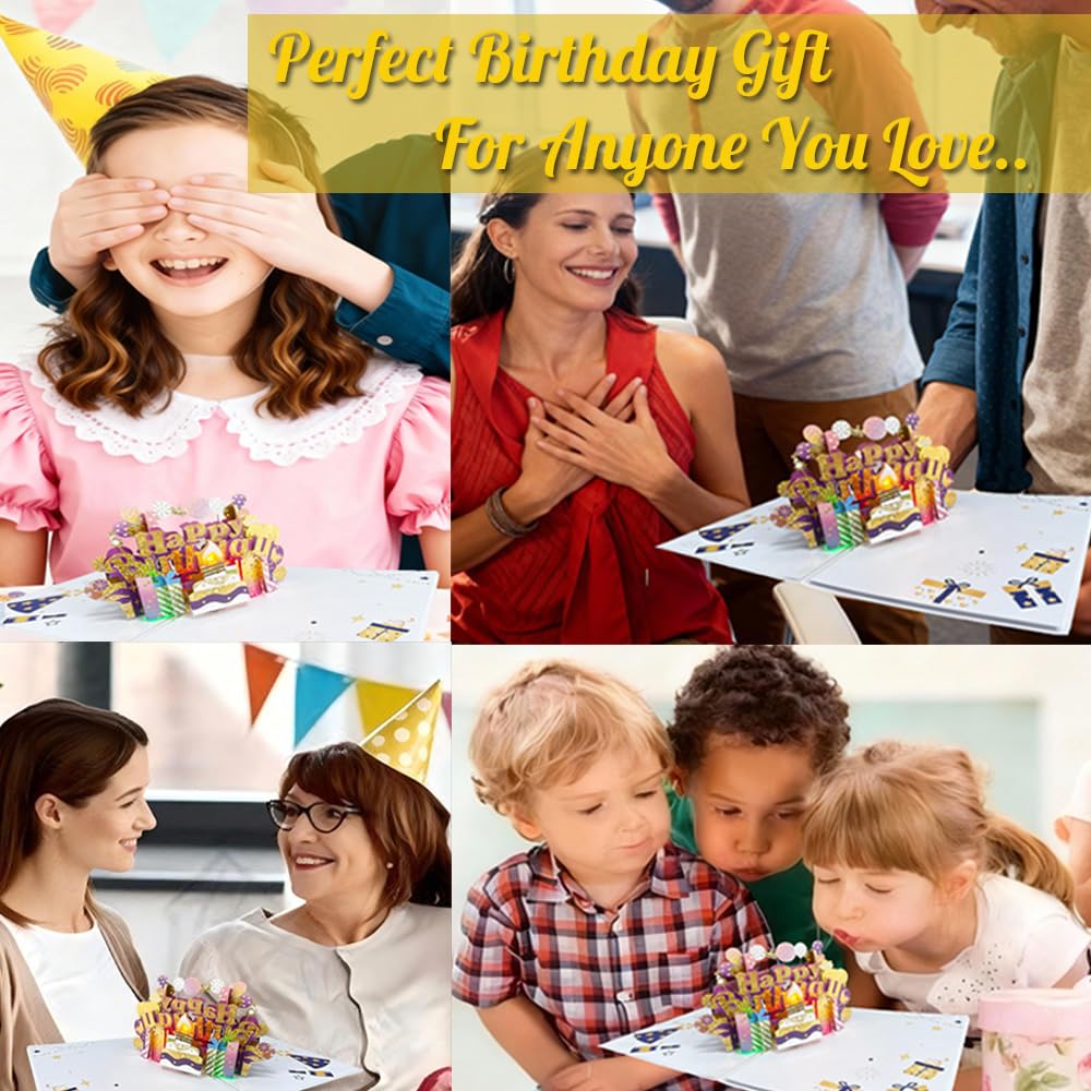 Tarjetas de feliz cumpleaños 3D desplegables con purpurina para tarta de cumpleaños, vela soplable con luz LED, tarjetas de felicitación musicales, decoraciones de cumpleaños, regalos para