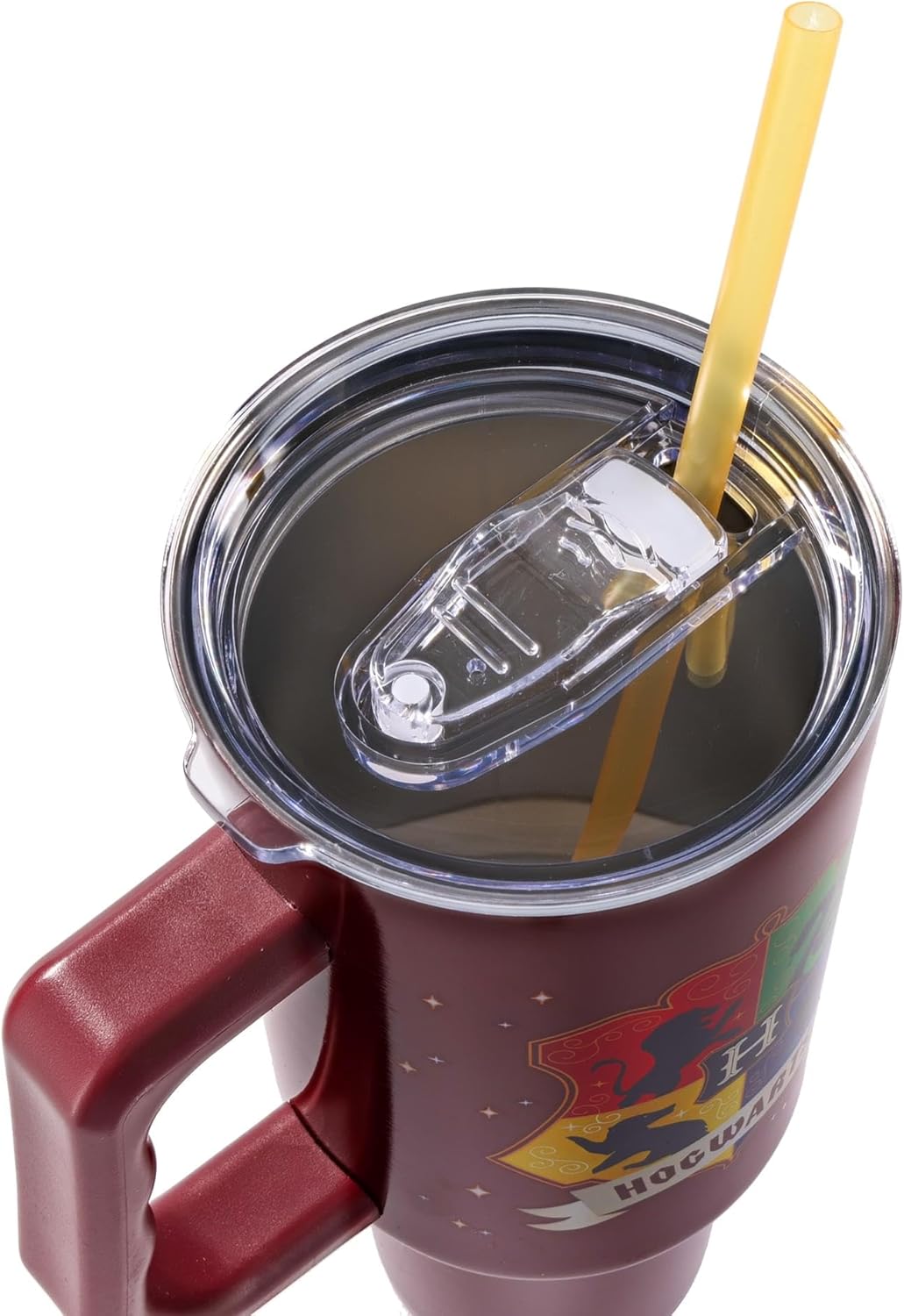 Silver Buffalo Harry Potter Hogwarts House Crest Gryffindor, Ravenclaw, Slytherin, and Hufflepuff Double Walled Stainless Steel Tumbler with Handle and Straw, Fits in Standard Cup Holder, 40 Ounces - Image 5