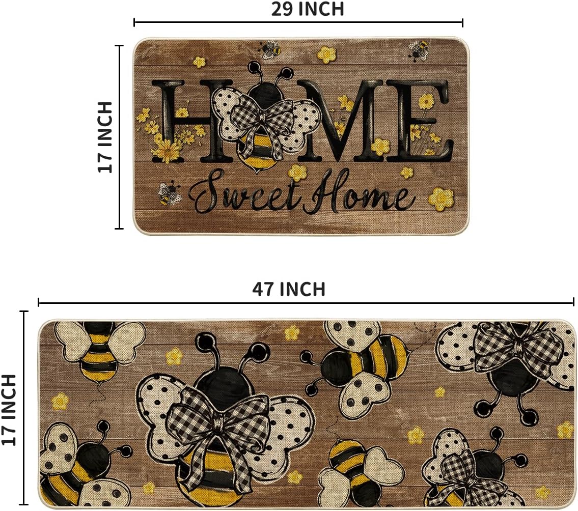 Artoid Mode Wood Bee Home Sweet Home Spring Kitchen Mats Set of 2, Summer Home Decor Low-Profile Kitchen Rugs for Floor - 17x29 and 17x47 Inch