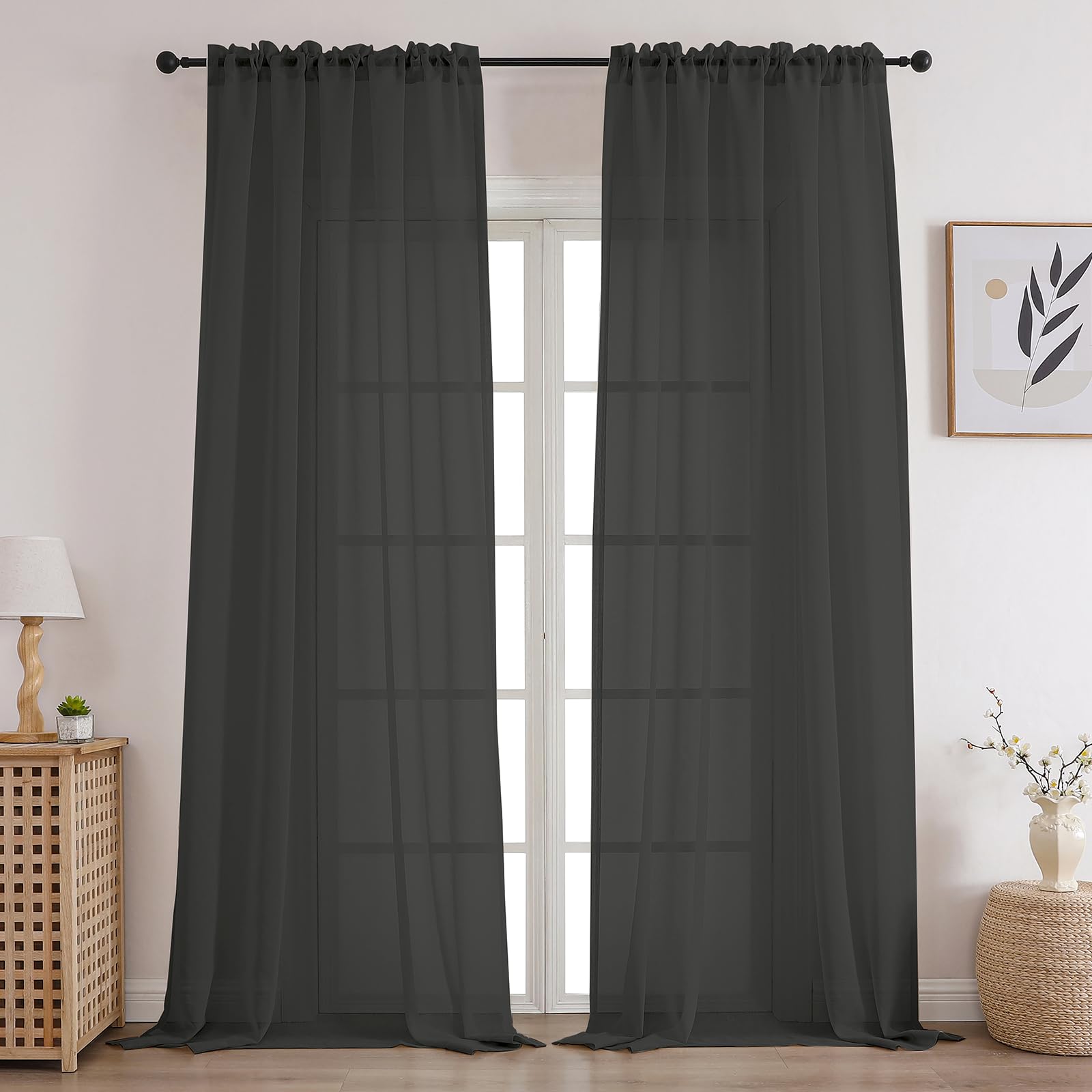 CUCRAF Sheer Curtains Panels for Living Room Bedroom Semi Window Treatment Drapes Voile Rod Pocket,Set of 2 (54 x 72 inches Long,Grey)