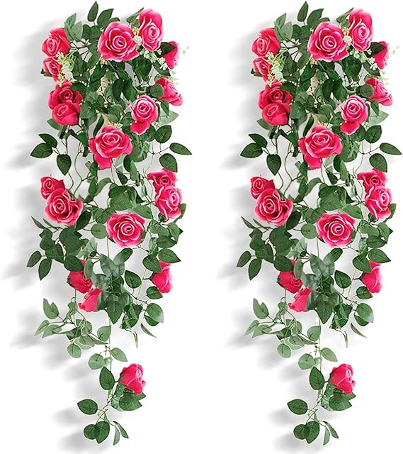 MJARTORIA 2Pack Artificial Rose Flowers Artificial Hanging Basket Plant Vine Fake Silk Trailing Flower for Garden Wall Fence Wedding Balcony Outdoor Indoor Home Door Decoration