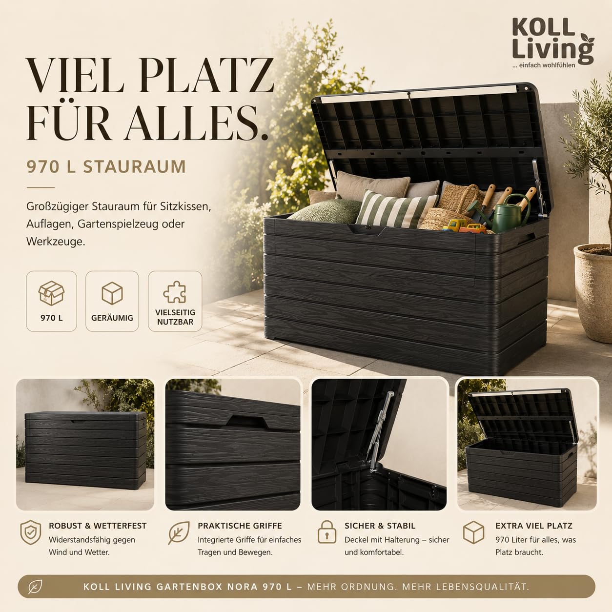 Koll Living Gartenbox/Auflagenbox Nora 970 Liter | Anthrazit | Aufklappbare Front | UV- und witterungsbeständig | 100% Wasserdicht | Belüftet daher Schimmelfrei | 147 x 83 x 85 cm | Gasdruckfedern