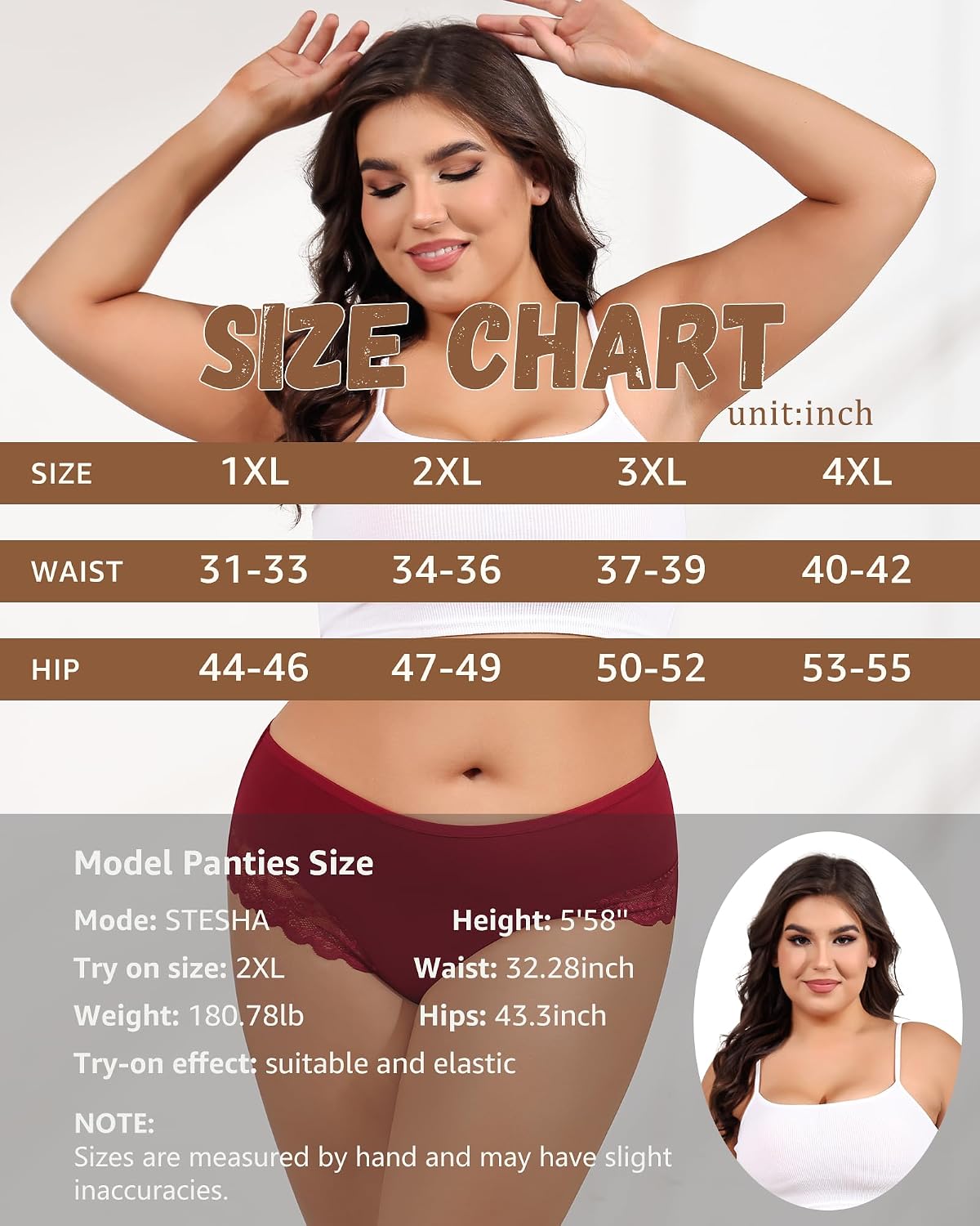 LEVAO Plus Size Underwear XL-4XL Big Curvy Woman Cotton Briefs with Lace High Waist Soft Breathable Panties 5 Pack