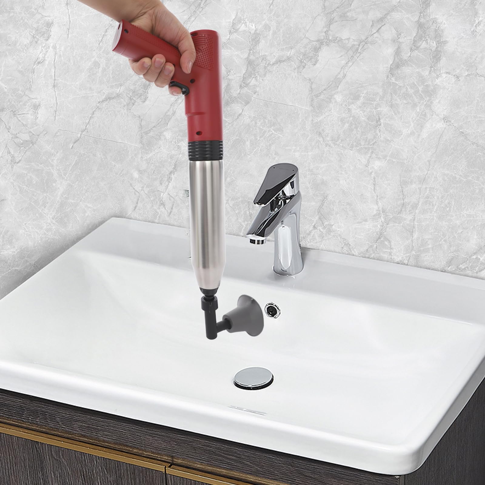 Elektrischer Abflussreiniger Pumpe mit 3 Austauschbaren Kolbenköpfe, Hochdruck-Luftstampfer Rohrreiniger mit Manometer, WC-Saugglocker Abfluss-Entstopfungsstampfer für Dusche, Toilette (Rot)