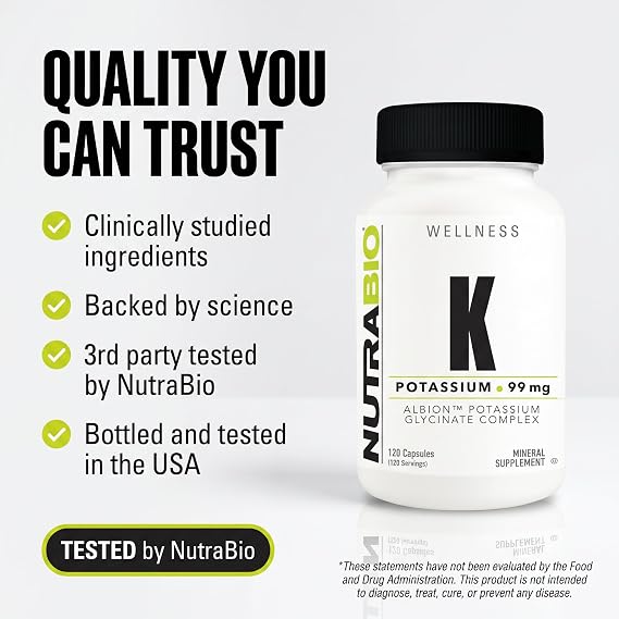 NutraBio Potassium Complex, Potassium Supplement for Healthy Heart, Bones, Muscles & Digestion, 99mg - 120 Vegetable Capsules