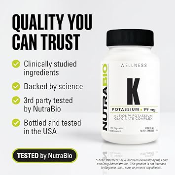 NutraBio Potassium Complex, Potassium Supplement for Healthy Heart, Bones, Muscles & Digestion, 99mg - 120 Vegetable Capsules