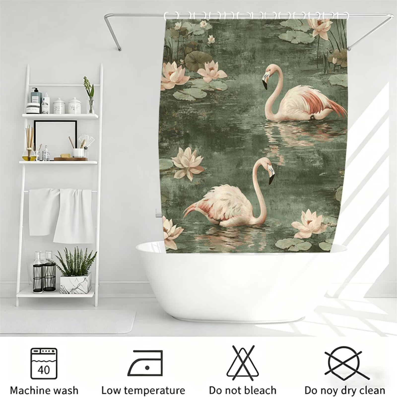 colore senape Tenda Doccia 240x200cm, Tenda per Doccia Tessuto Poliestere Impermeabile Asciugatura Rapida con 12 Anelli, Tende Finestra Bagno e Vasca Pieghevole Shower Curtain Fenicotteri J-438