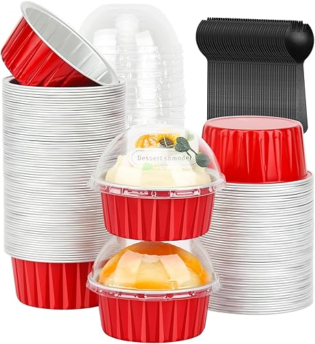 LNYZQUS Moldes para magdalenas de 5 onzas, paquete de 100 unidades, mini tazas de aluminio para hornear pasteles con tapas de cúpula, forros