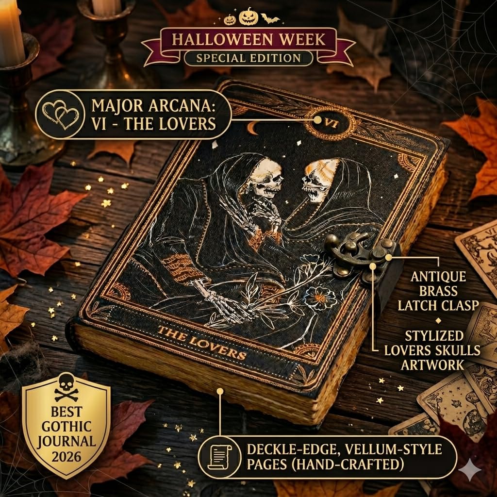 C CUERO Book of Spells Journal en cuir papier à bords frangés grimoire - Journal imprimé The Lovers Tarot - Carnet à spirales - Gothique - Amateur de crâne - Journal vintage en cuir pour homme et