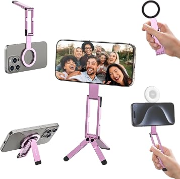 ULANZI MA60 Magnetic Phone Tripod Stand for iPhone - Aluminium Smartphone Mini Tripod Pocket Cell Phone Stand Strong Magnet Quick Mount Compatible with iPhone 16 15 14 13 12 Series, Pink