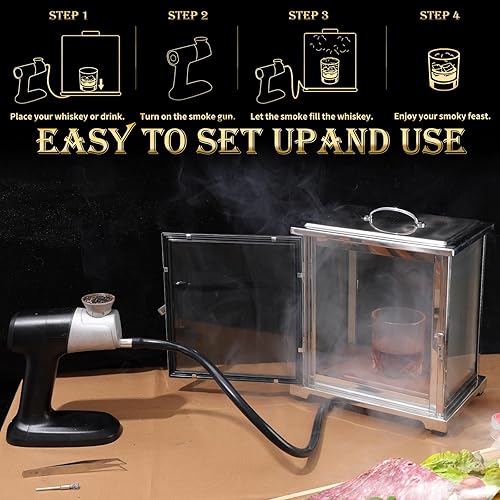 Miniatura 3 de Caja de fumar de acero inoxidable y vidrio con ahumador de mano (sin antorcha), 9.5 x 9.5 x 10.8 pulgadas, kit de ahumador de whisky para cócteles,